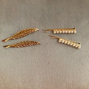 Faux pearl and Gold Feather Hair Clips